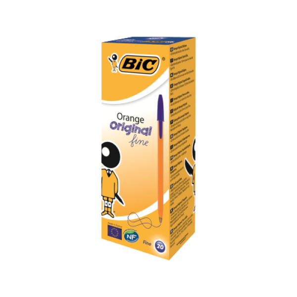 BOITE DE 20 STYLO BILLE BIC ORANGE – ECRITURE FINE – BLEU